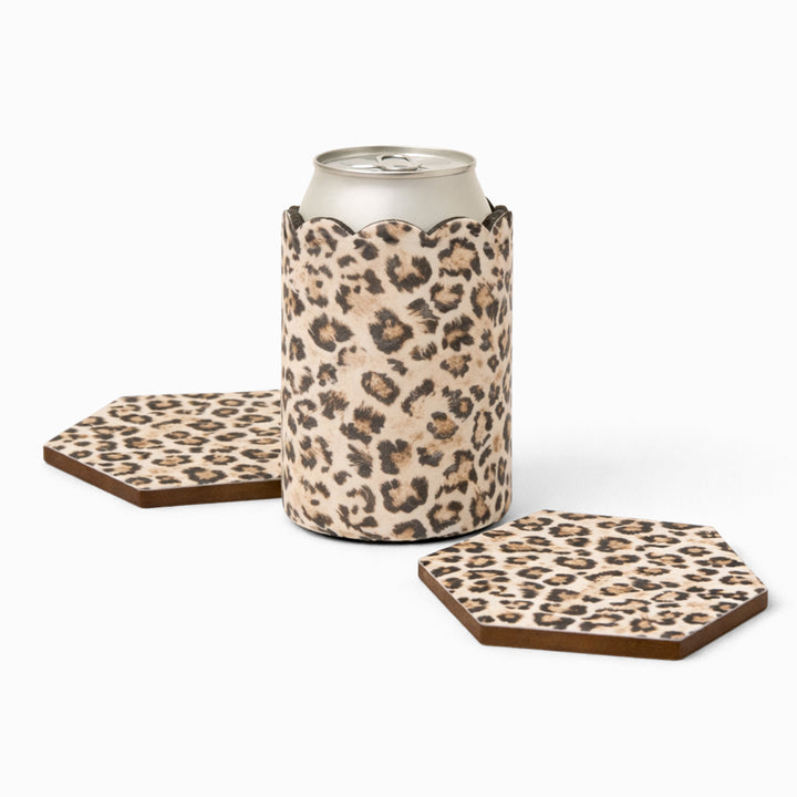 Leopard print can sleeve with beverage can and two matching hexagonal coasters