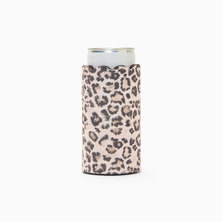 Leopard print can sleeve with scalloped edge, holding a can