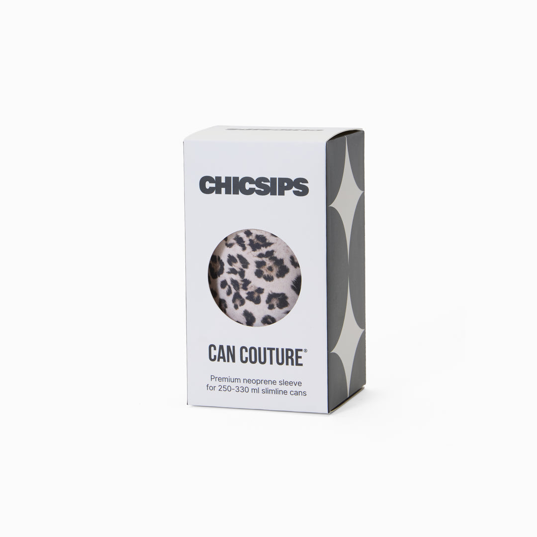 Can Couture packaging box with circular window showing leopard print neoprene can sleeve