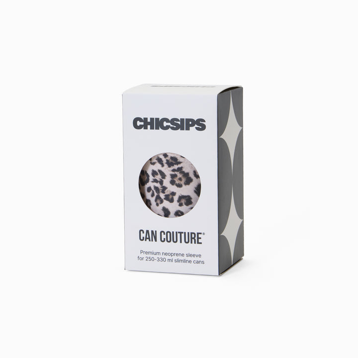 Can Couture packaging box with circular window showing leopard print neoprene can sleeve