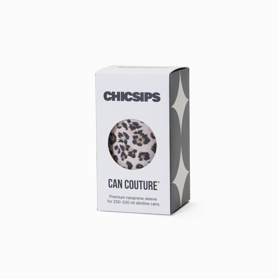 Can Couture packaging box with circular window showing leopard print neoprene can sleeve
