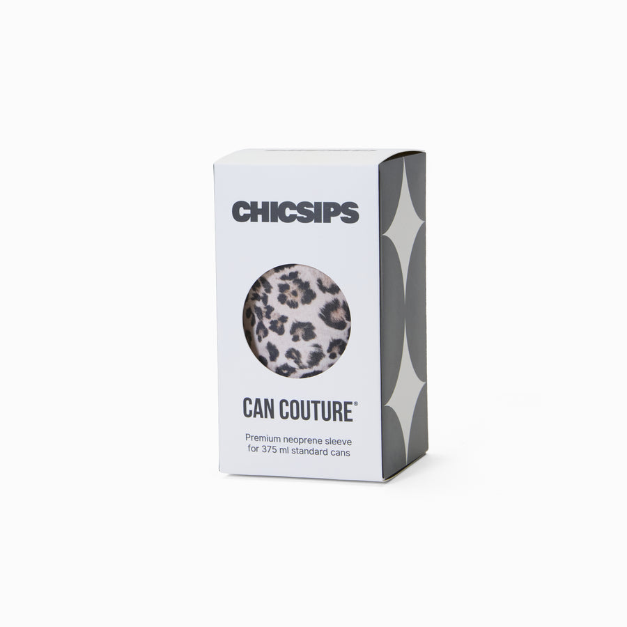 Can Couture packaging box with circular window showing leopard print neoprene can sleeve