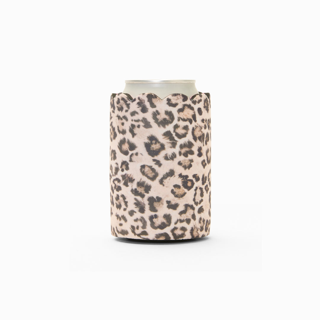 Leopard print can sleeve with scalloped edge, holding a can