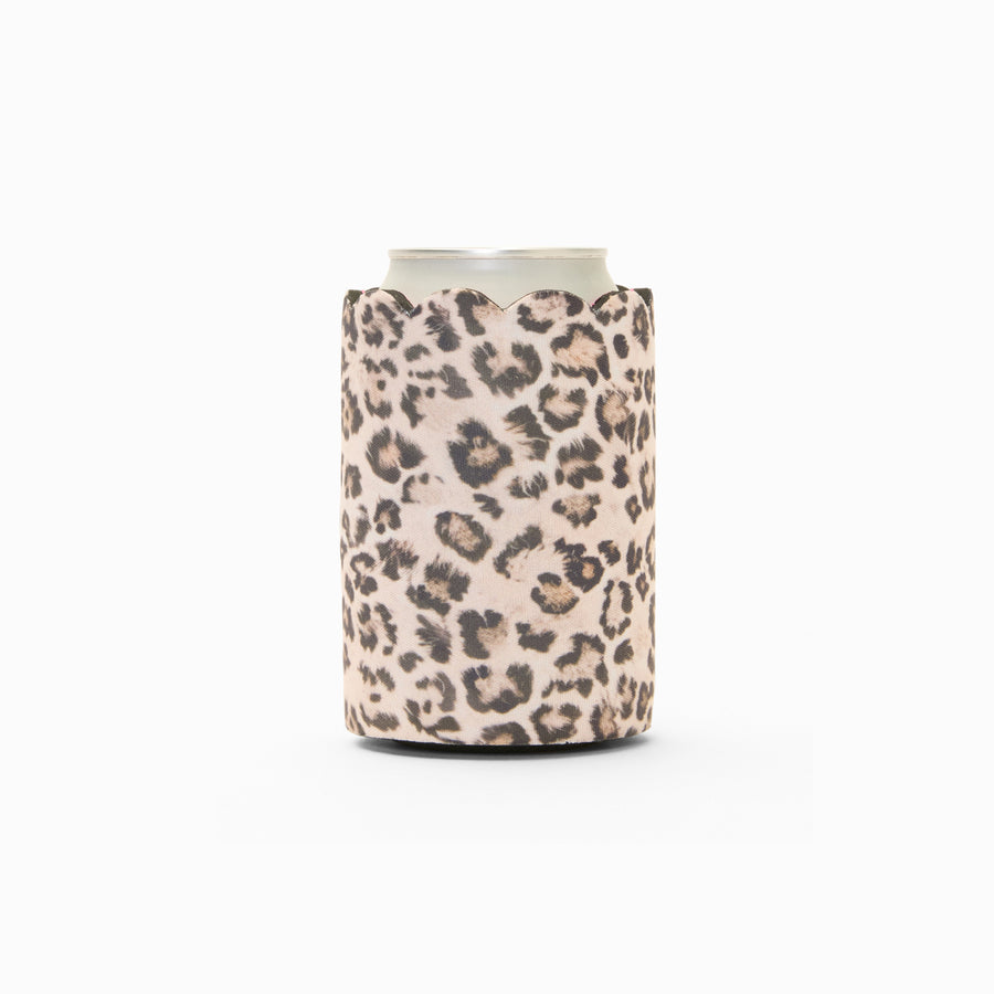 Leopard print can sleeve with scalloped edge, holding a can
