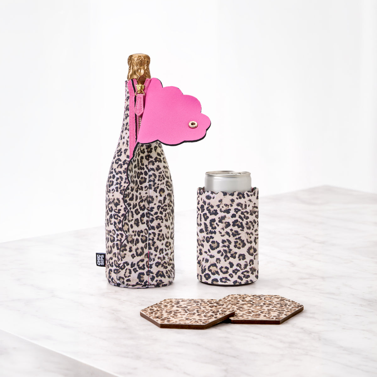 Bottle cooler and can sleeve in Catwalk leopard print with two matching hexagonal coasters