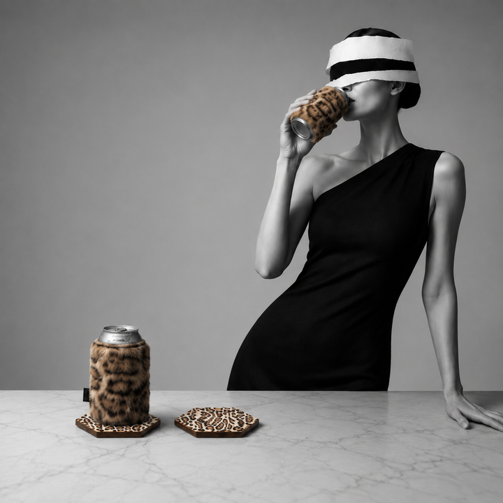 After Dark | 4-Piece Faux Fur Can Sleeve & Coaster Set
