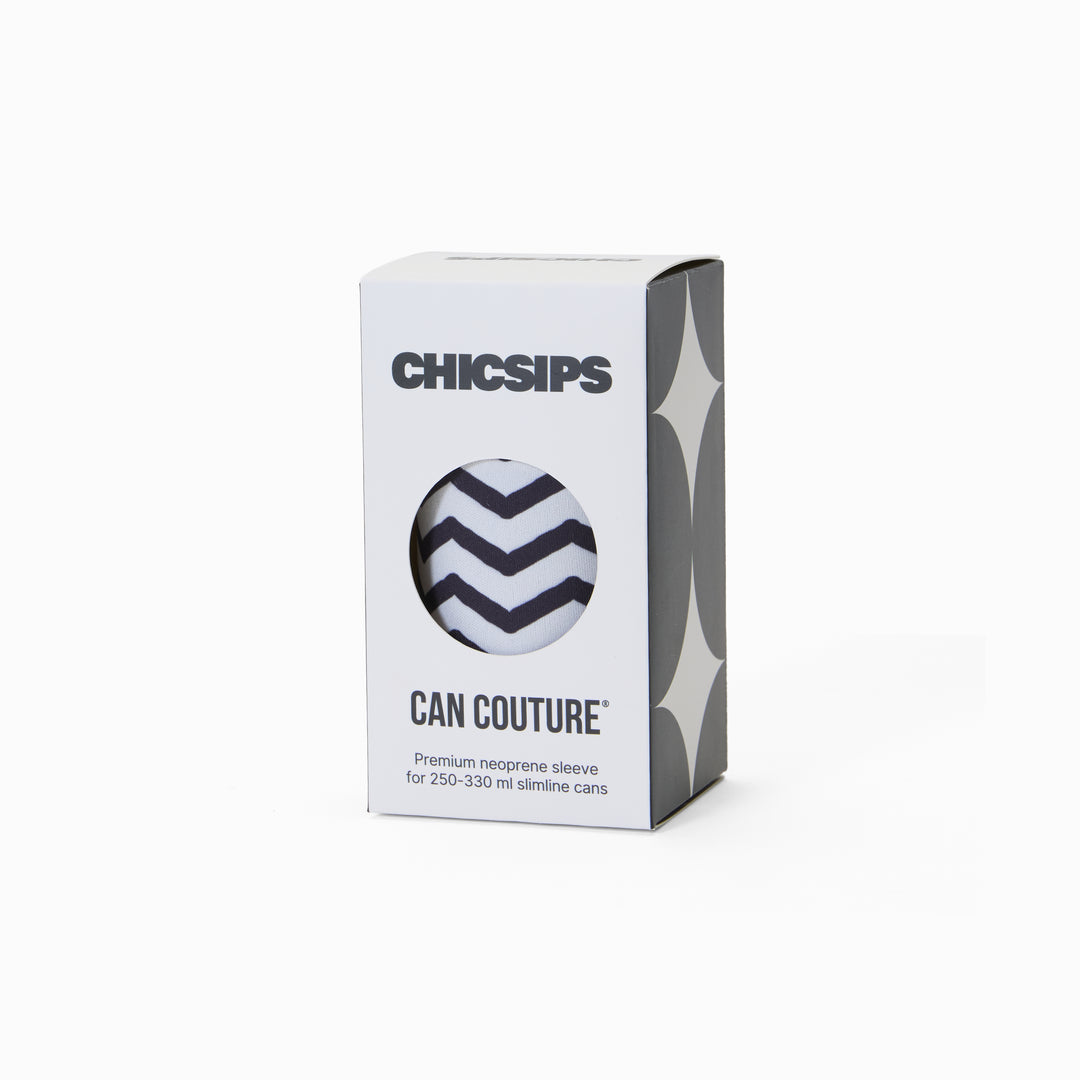 Can Couture packaging box with circular window showing black and white chevron print neoprene can sleeve