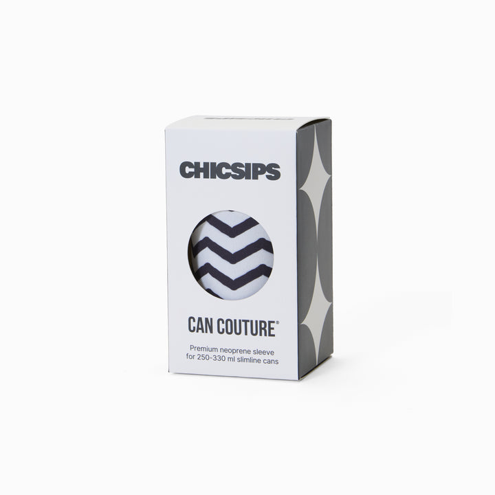Can Couture packaging box with circular window showing black and white chevron print neoprene can sleeve