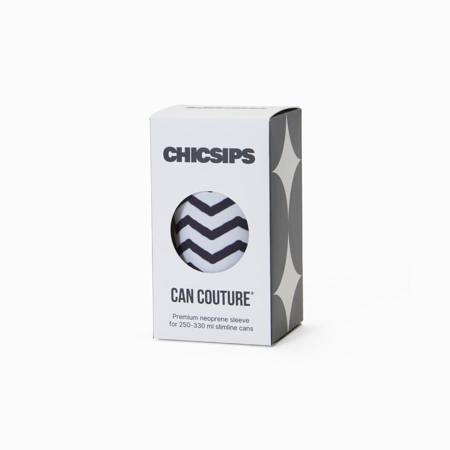 Can Couture packaging box with circular window showing black and white chevron print neoprene can sleeve
