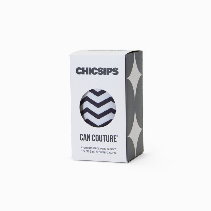 Can Couture packaging box with circular window showing black and white chevron print neoprene can sleeve