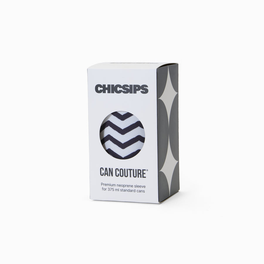 Can Couture packaging box with circular window showing black and white chevron print neoprene can sleeve