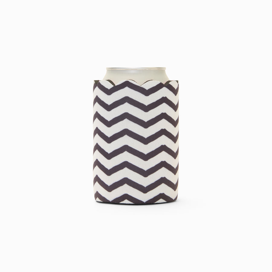 Black and white chevron print can sleeve with scalloped edge, holding a can