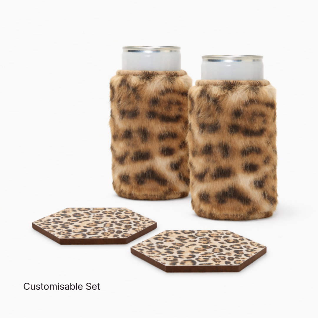 Leopard print faux fur can sleeves in Priestess with hexagonal coasters in Catwalk leopard print