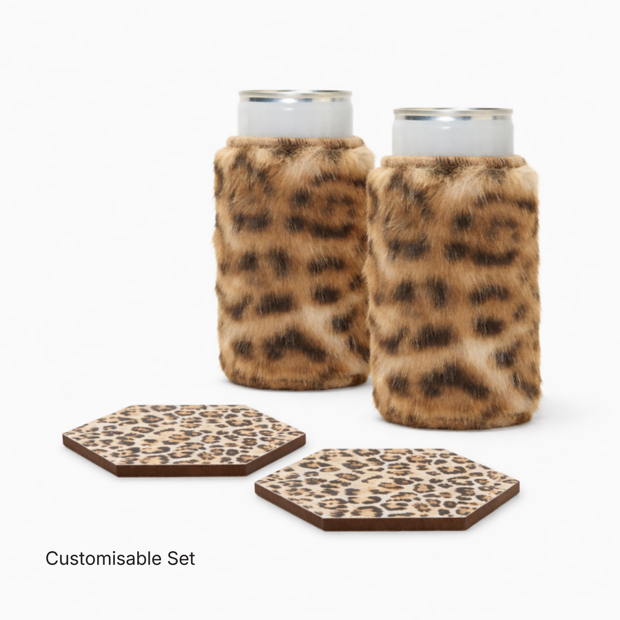 Leopard print faux fur can sleeves in Priestess with hexagonal coasters in Catwalk leopard print