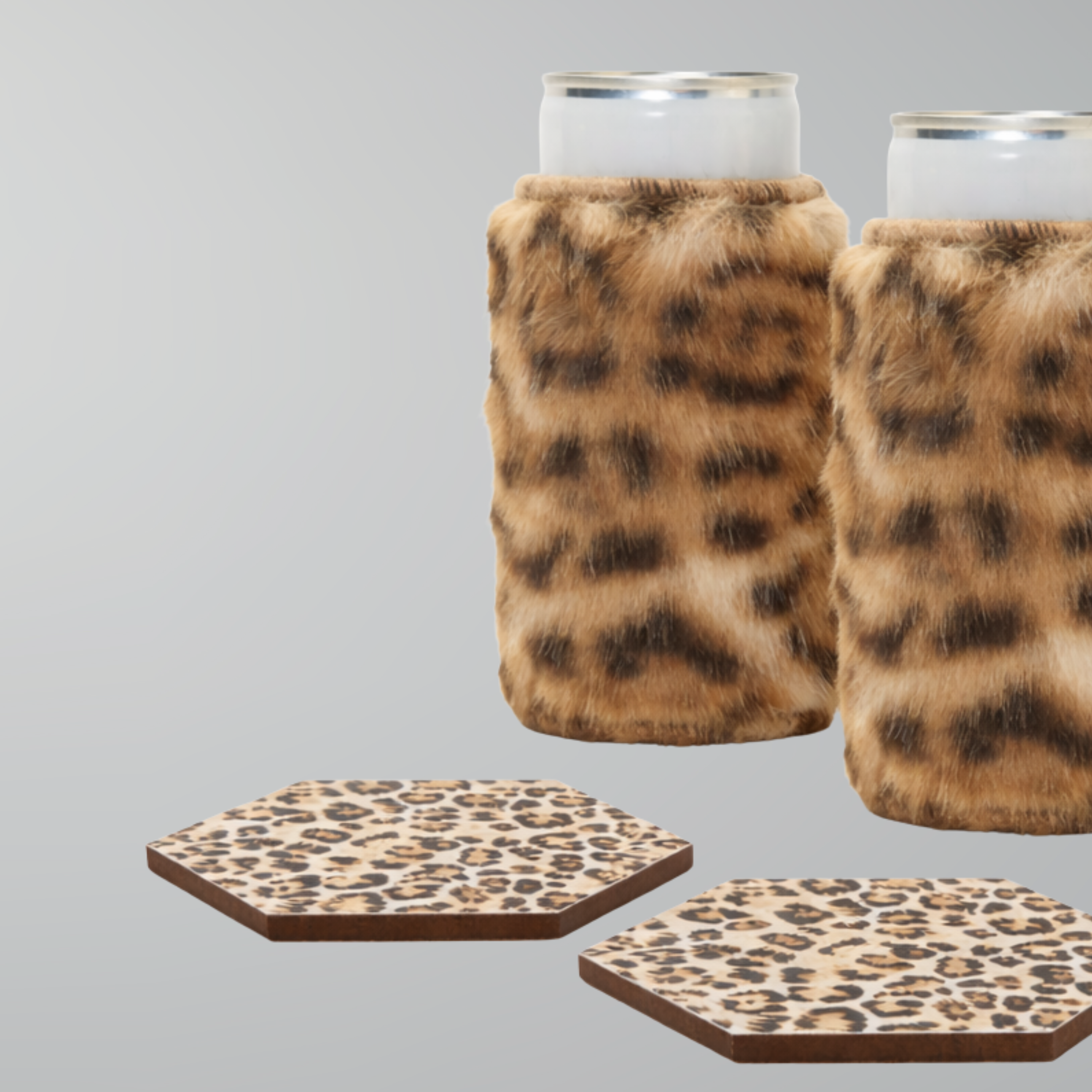 Leopard print faux fur can sleeves in Priestess with hexagonal coasters in Catwalk leopard print