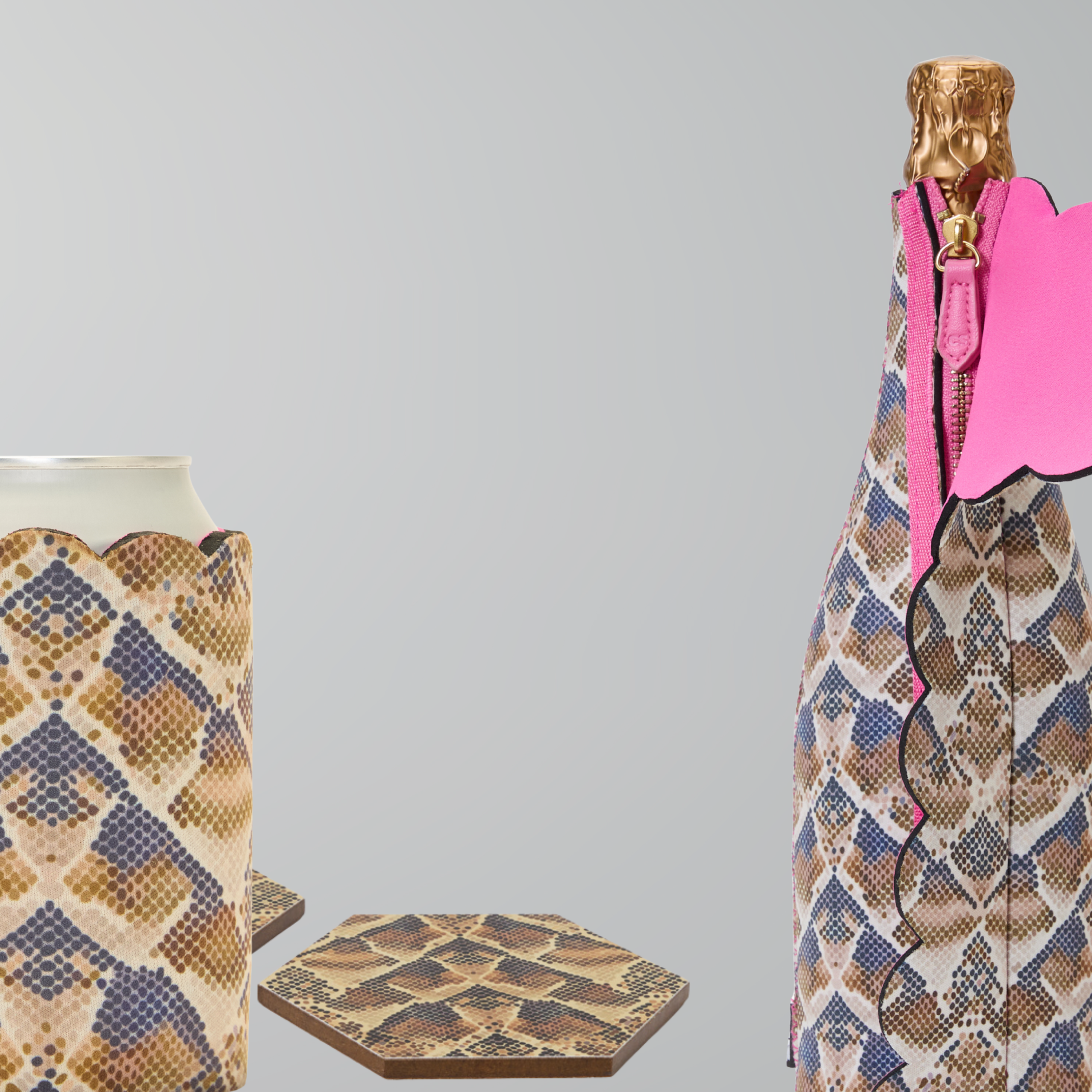 Snakeskin print can sleeve with beverage can and matching bottle cooler and hexagonal coasters