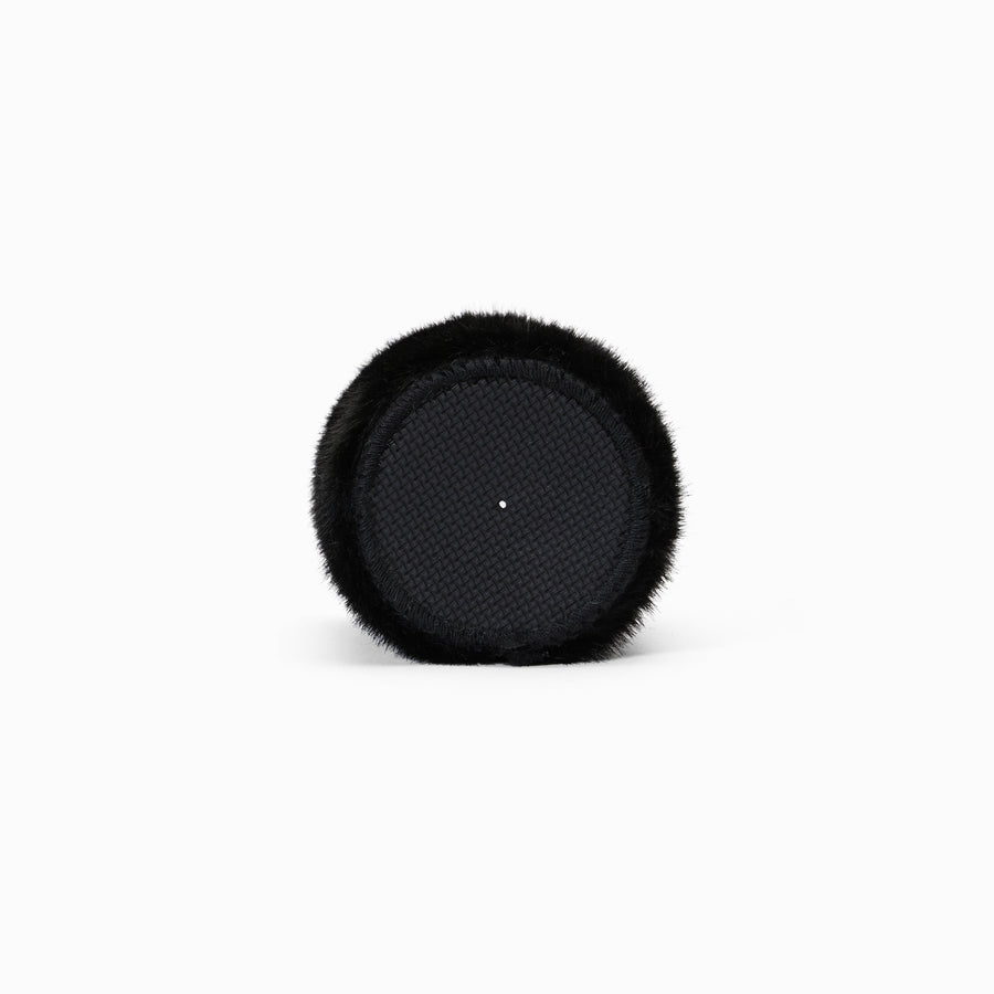 Black faux fur can sleeve base with non-slip textured grip and overlocked edge