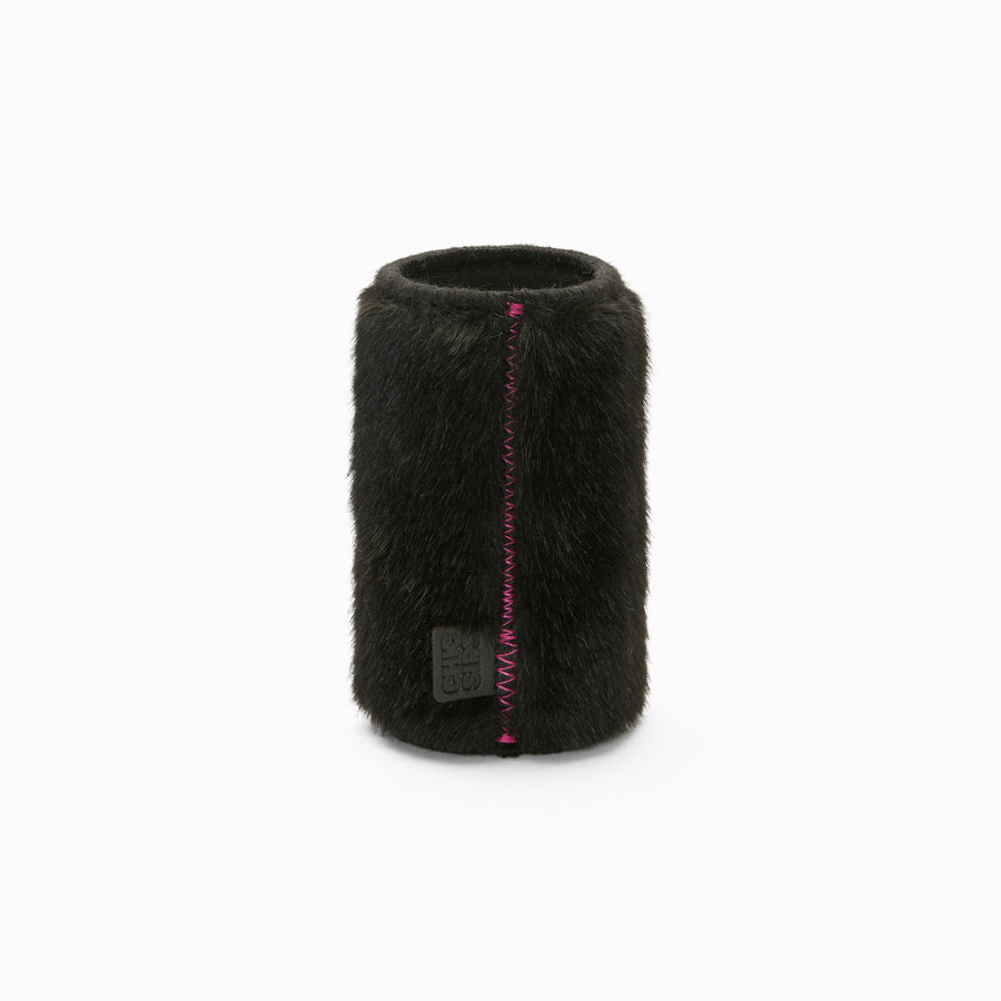 Black faux fur can sleeve with pink zigzag seam