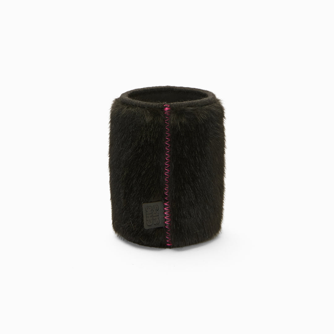 Black faux fur can sleeve with pink zigzag seam
