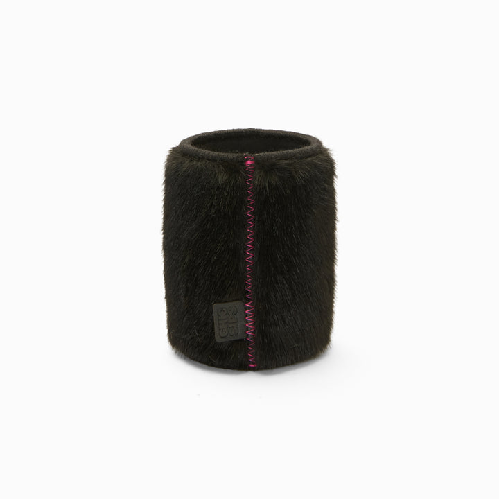 Black faux fur can sleeve with pink zigzag seam