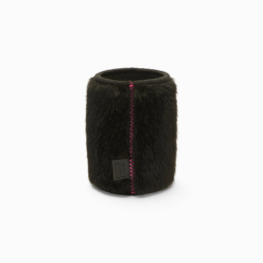 Black faux fur can sleeve with pink zigzag seam