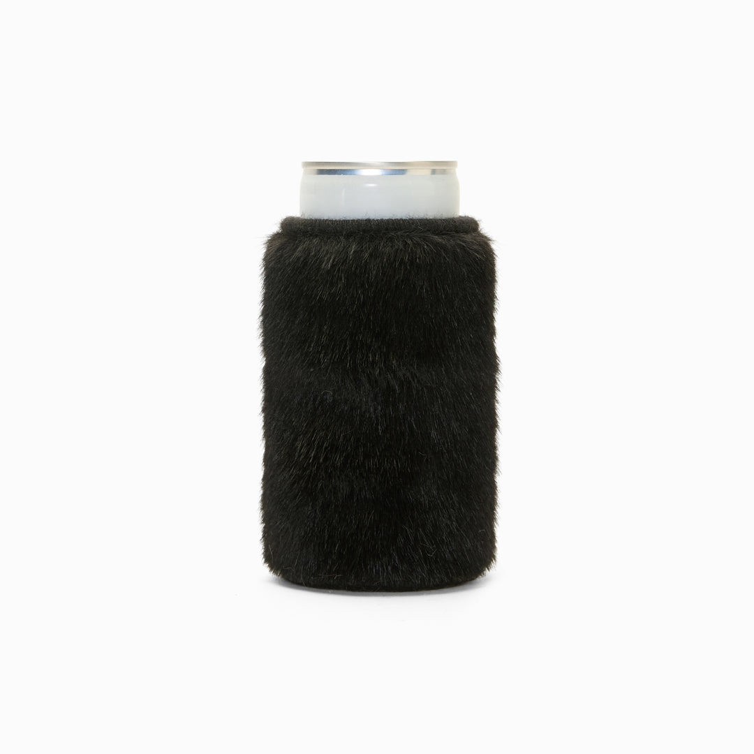 Black faux fur can sleeve, holding a can