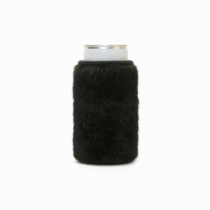 Black faux fur can sleeve, holding a can