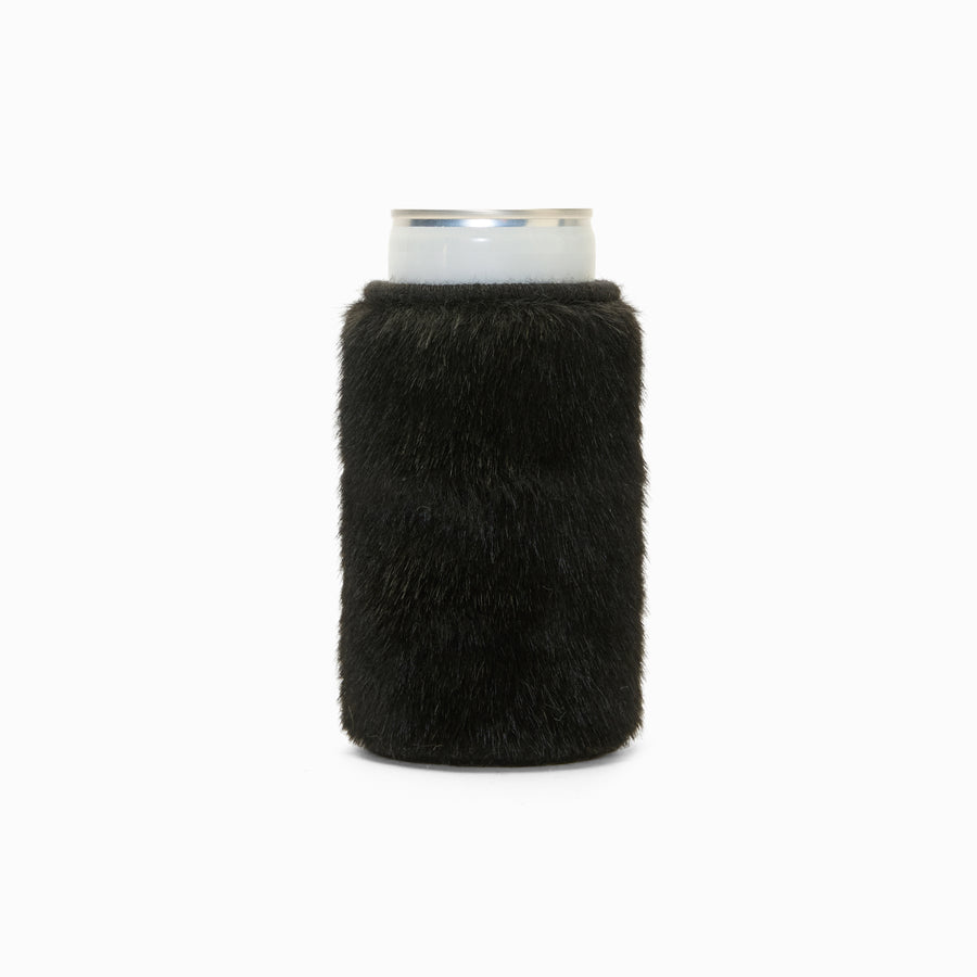 Black faux fur can sleeve, holding a can