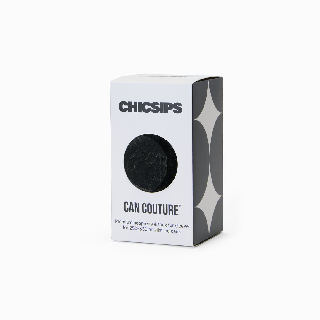 Can Couture packaging box with circular window showing black faux fur can sleeve 