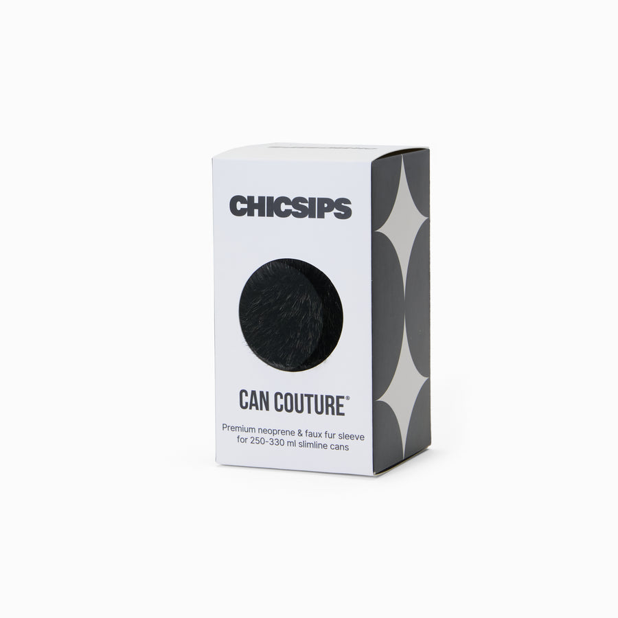 Can Couture packaging box with circular window showing black faux fur can sleeve 