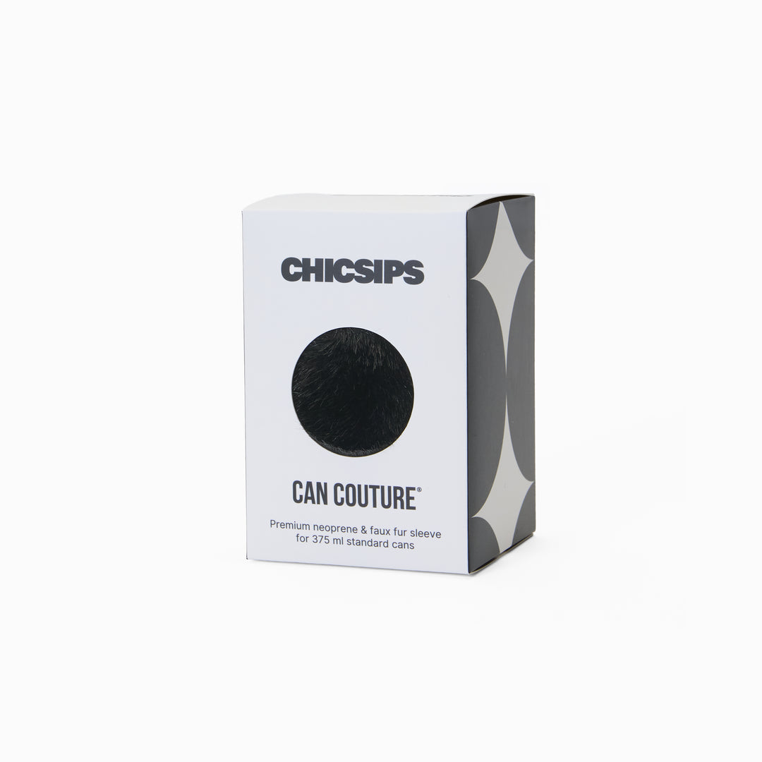 Can Couture packaging box with circular window showing black faux fur can sleeve 