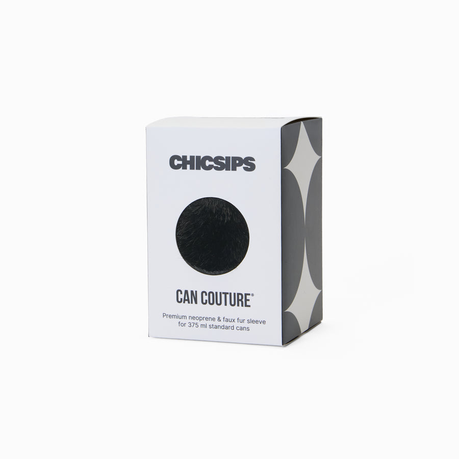 Can Couture packaging box with circular window showing black faux fur can sleeve 
