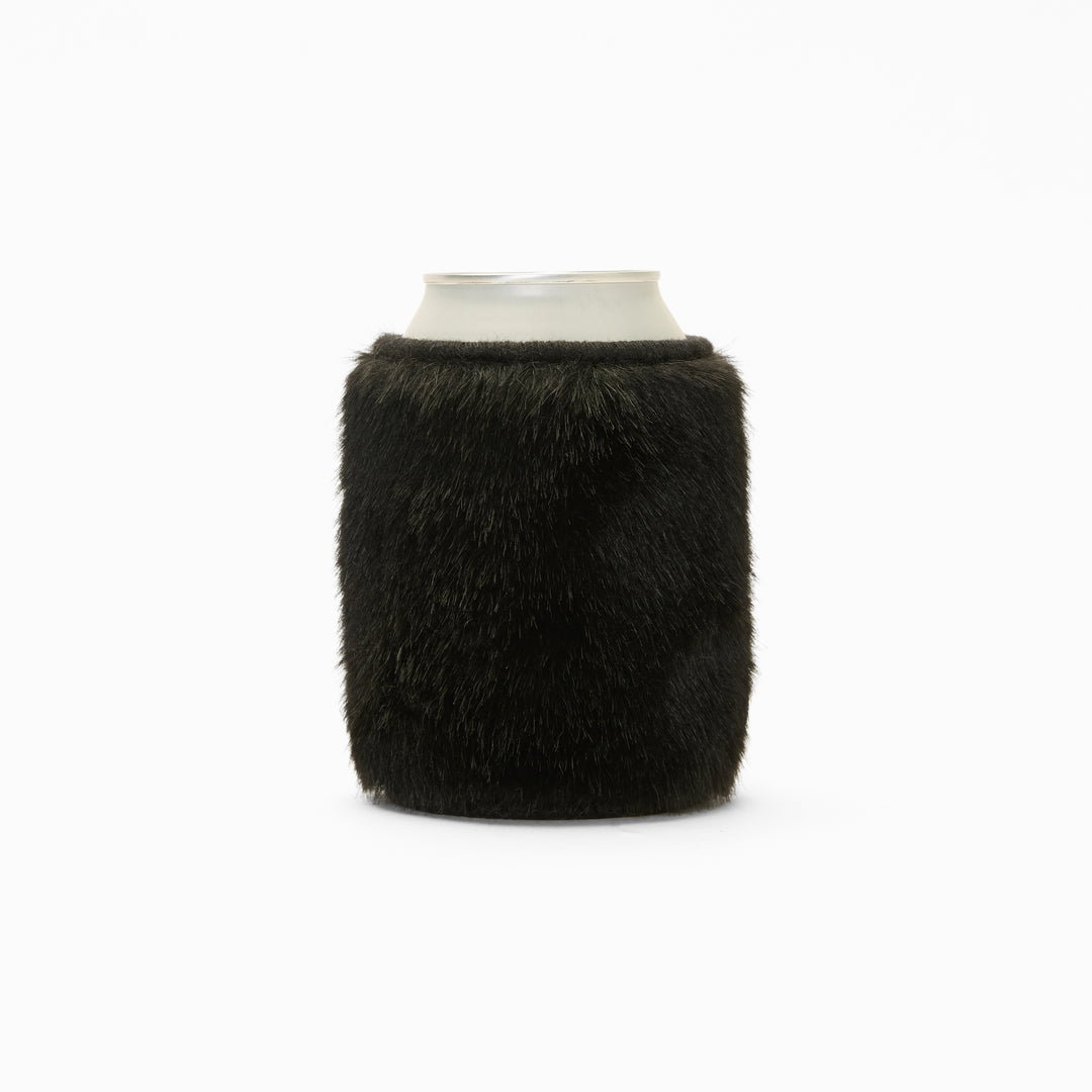 Black faux fur can sleeve, holding a can