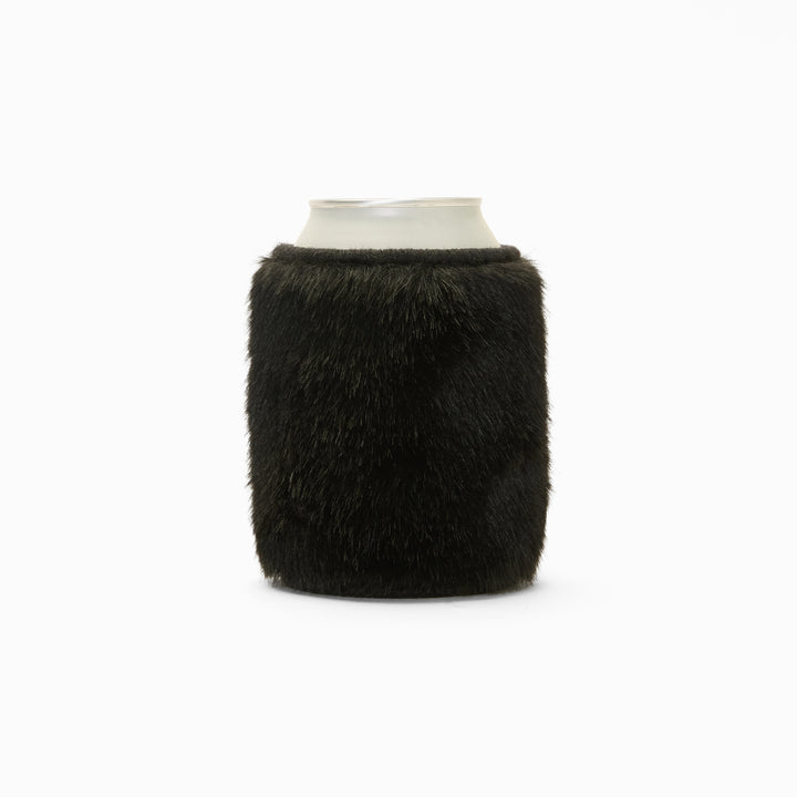 Black faux fur can sleeve, holding a can