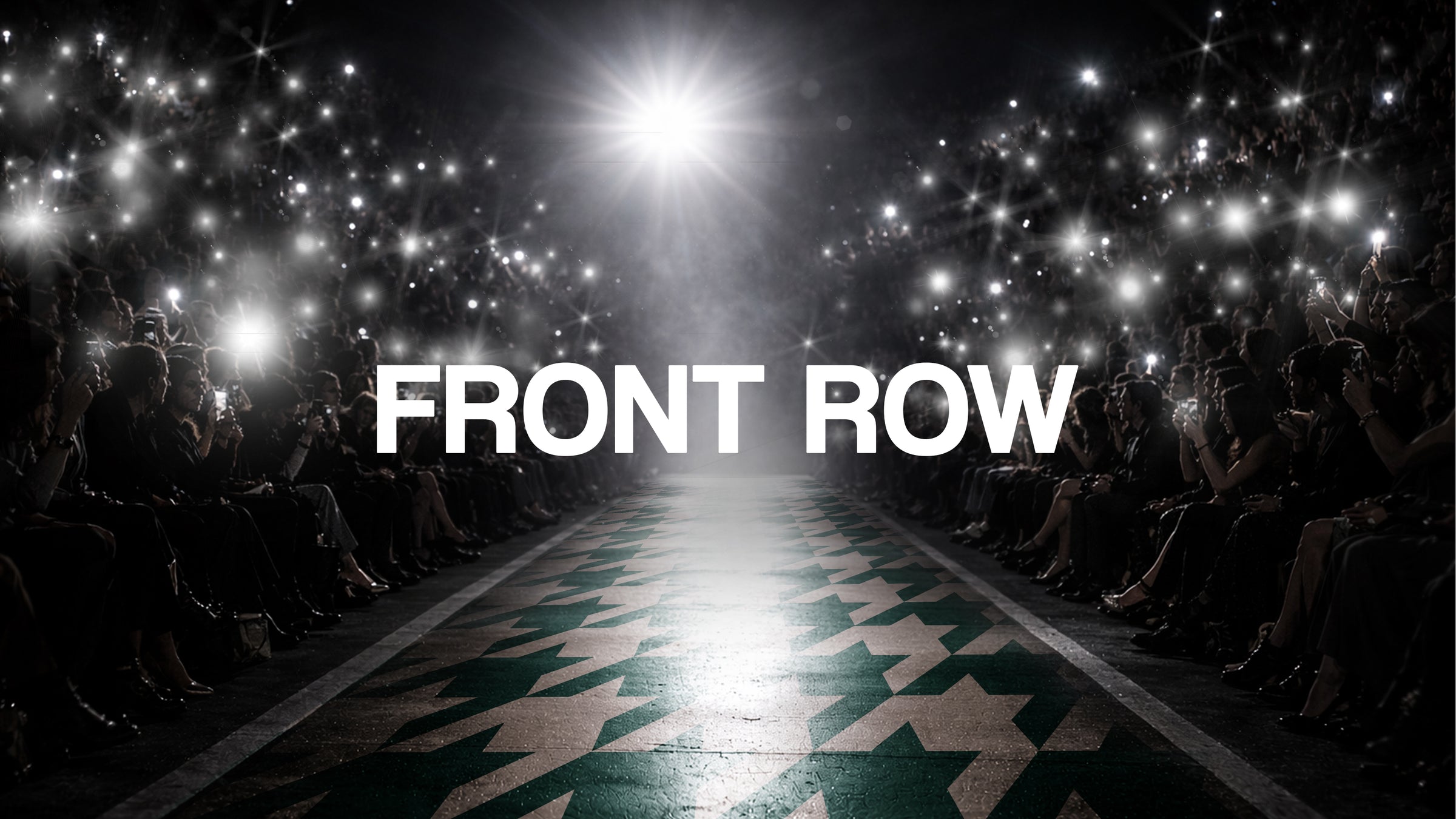 Chic Sips Front Row collection artwork featuring the Harland green houndstooth pattern showcased on a runway with front row audience figures and paparazzi camera flashes