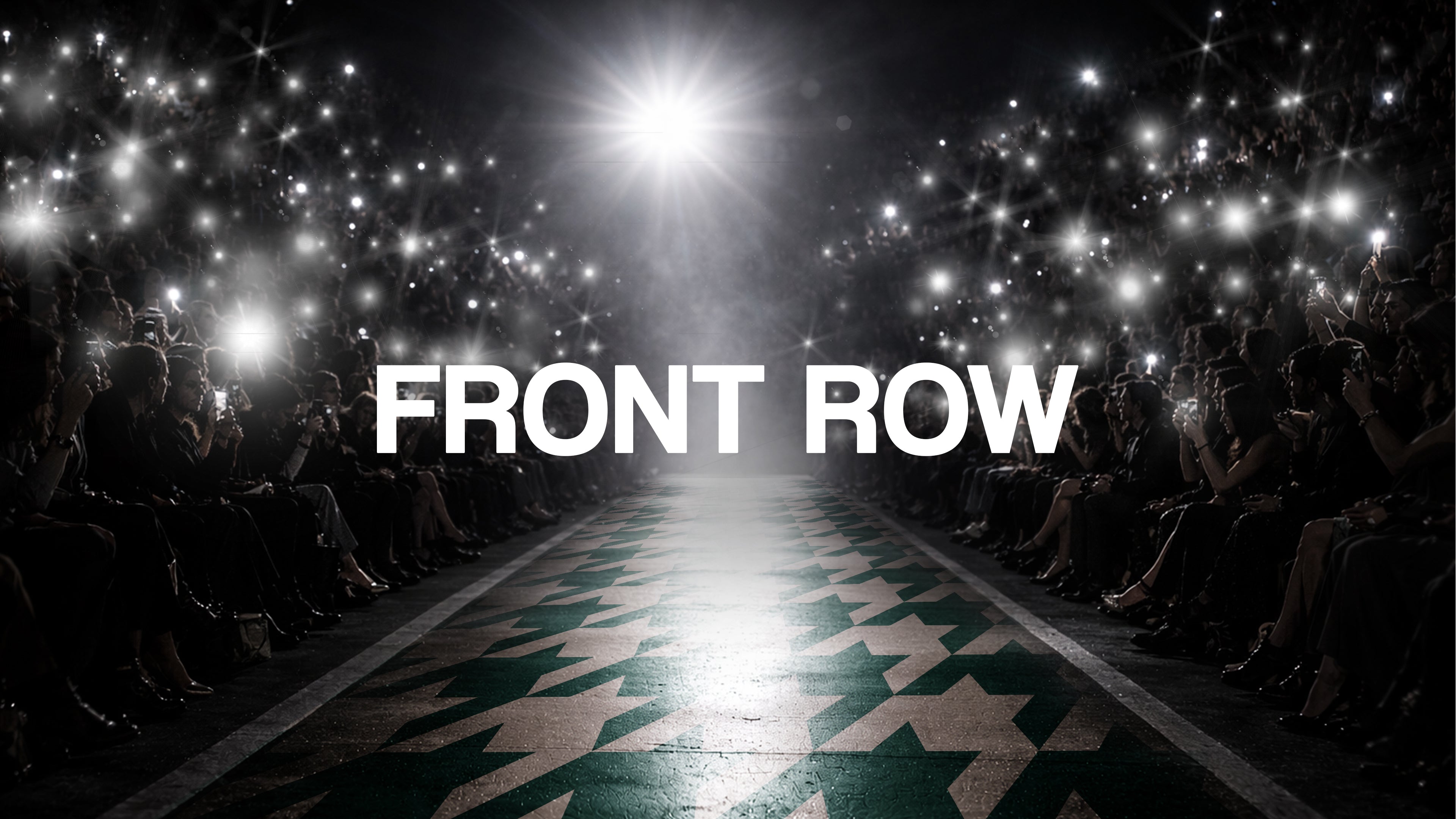 Chic Sips Front Row collection artwork featuring the Harland green houndstooth pattern showcased on a runway with front row audience figures and paparazzi camera flashes
