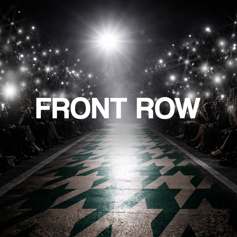 Chic Sips Front Row collection artwork featuring the Harland green houndstooth pattern showcased on a runway with front row audience figures and paparazzi camera flashes