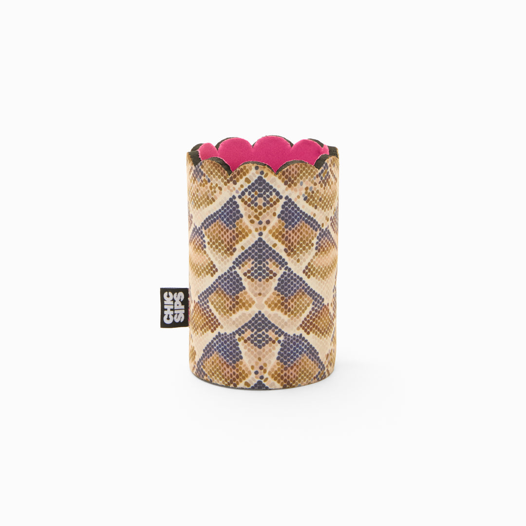 Snake print can sleeve with scalloped edge and pink lining