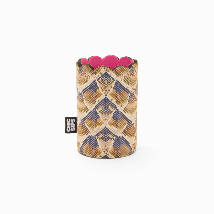 Snake print can sleeve with scalloped edge and pink lining