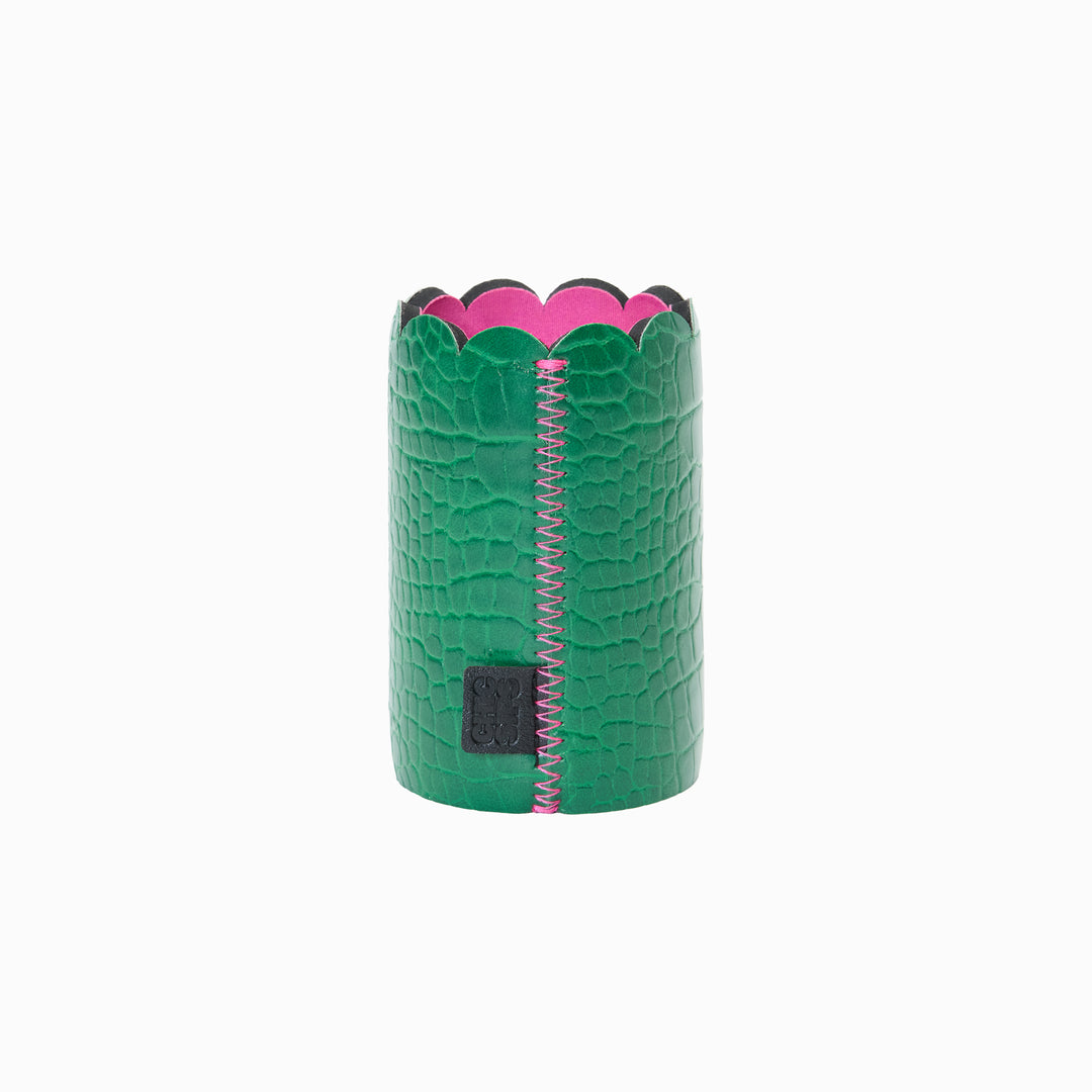 Can Couture vegan leather can sleeve in Gigi green croc showing the seam, scalloped edge and pink lining
