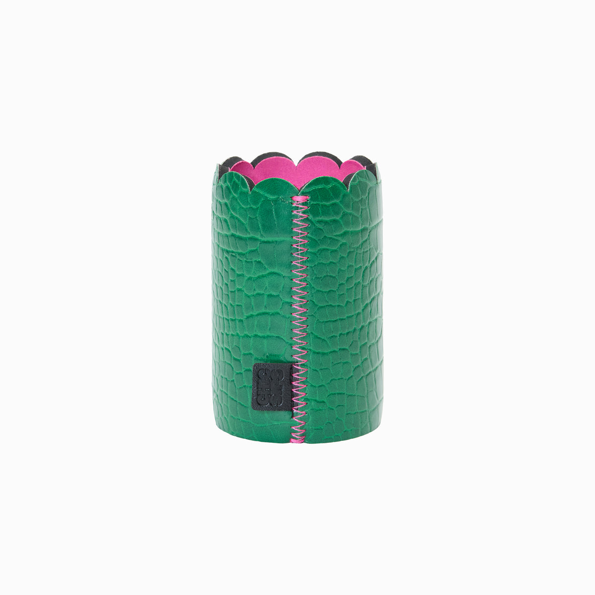 Can Couture vegan leather can sleeve in Gigi green croc showing the seam, scalloped edge and pink lining