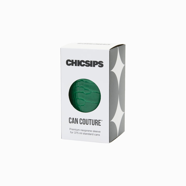 Can Couture gift box with a round window showing the Gigi green croc vegan leather can sleeve