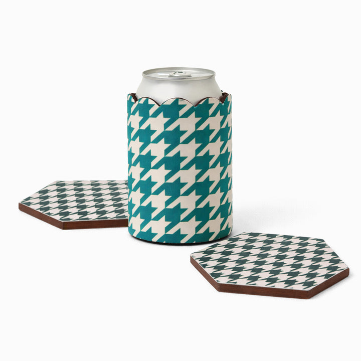 Green and ivory houndstooth print can sleeve with beverage can and two matching hexagonal coasters