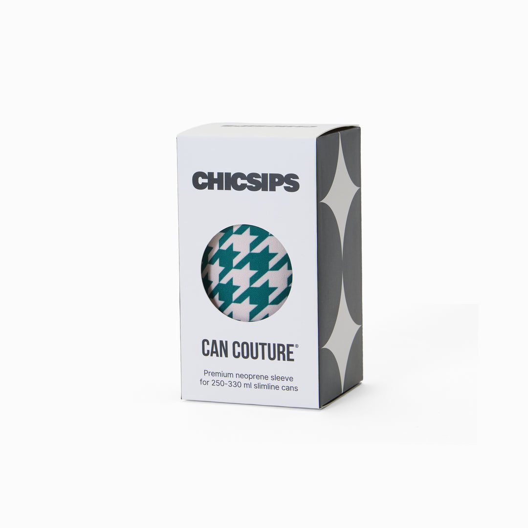 Can Couture packaging box with circular window showing green and cream houndstooth print neoprene can sleeve