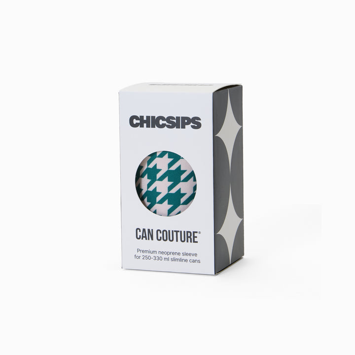 Can Couture packaging box with circular window showing green and cream houndstooth print neoprene can sleeve