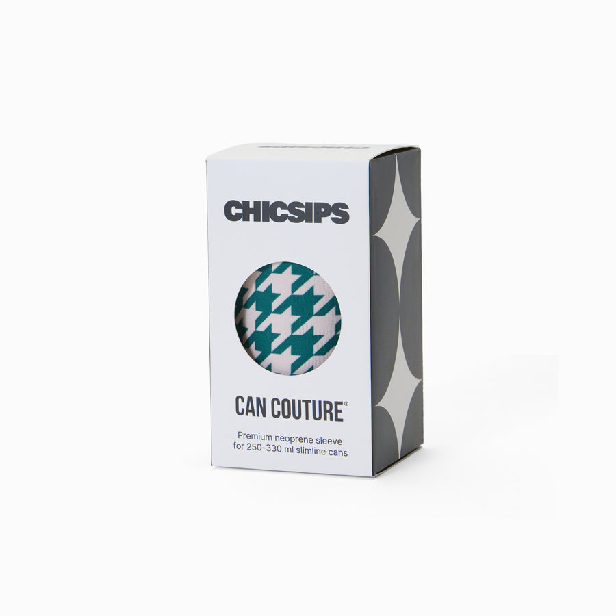 Can Couture packaging box with circular window showing green and cream houndstooth print neoprene can sleeve