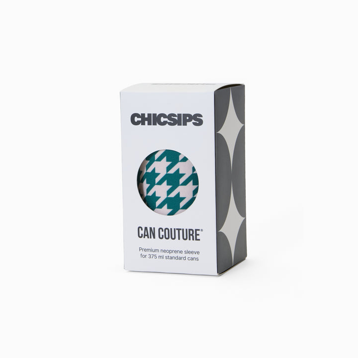 Can Couture packaging box with circular window showing green and cream houndstooth print neoprene can sleeve