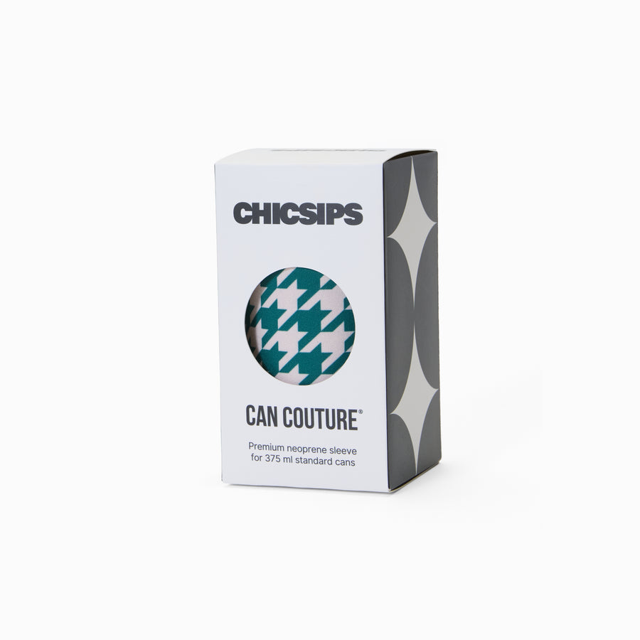 Can Couture packaging box with circular window showing green and cream houndstooth print neoprene can sleeve