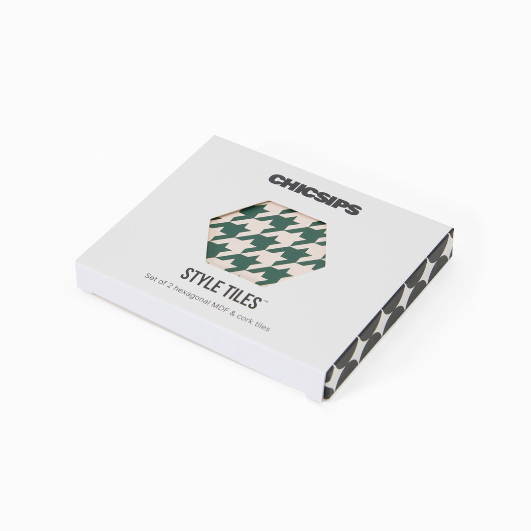 Style Tiles packaging box with hexagon window showing green and cream houndstooth print coaster