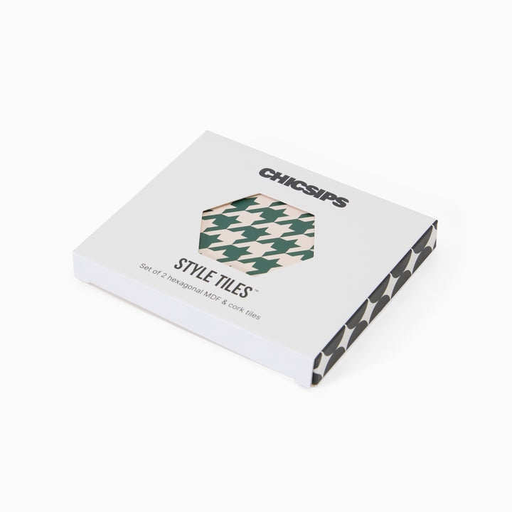 Style Tiles packaging box with hexagon window showing green and cream houndstooth print coaster